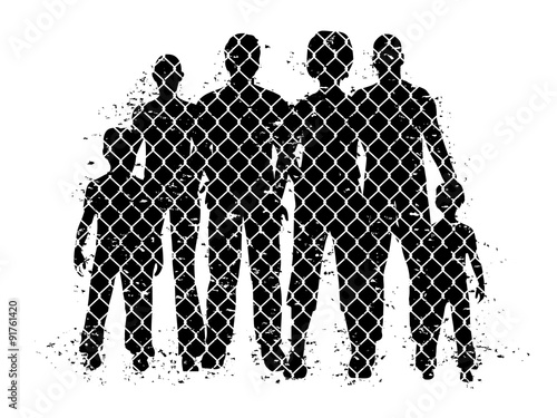 People behind wire fence. Vector illustration about probleme refugees.