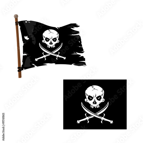 Jolly Roger Piracy Icon - A vector illustration of a Jolly Roger flag and an A skull icon with crossed swords.