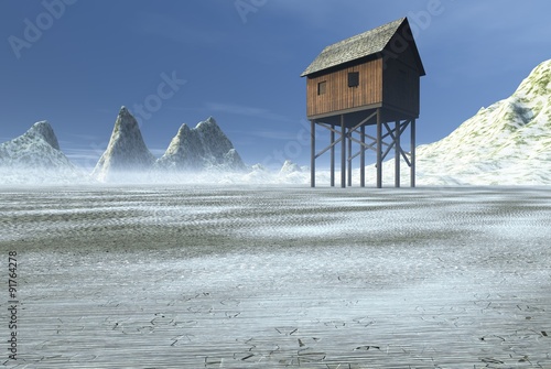 Winter Outpost - Illustration of a small wooden hut on stilts in a frozen winter landscape, 3d digitally rendered illustration