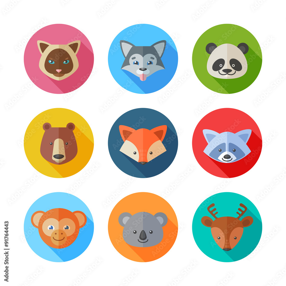 Cute flat animals portraits icons Cute flat animals portraits icons