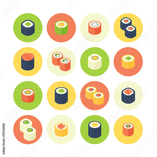 Flat isometric sushi icons set