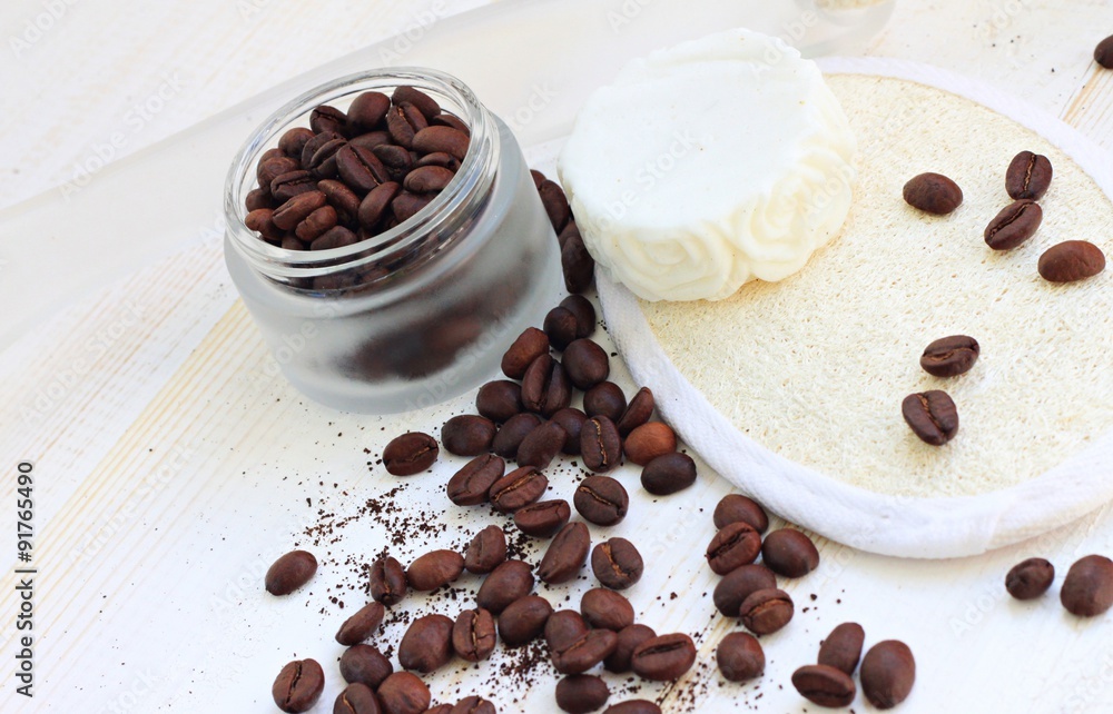 Coffee grounds skincare scrub loofah handmade soap bathroom setting Coffee grounds skincare scrub loofah handmade soap bathroom setting
