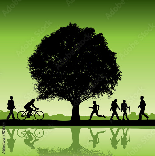People outdoors with tree vector background