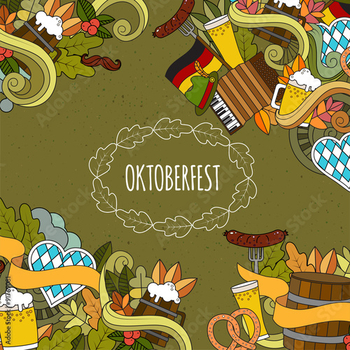 Oktoberfest Cartoon vector hand-drawn Doodle on the subject of beer fest autumn symbols, food and drinks seamless pattern. Color backgrounddoodle poster