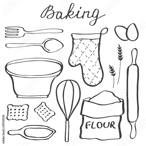 Obraz na płótnie Baking set. Hand-drawn cartoon utensils and ingridients. Doodle w salonie