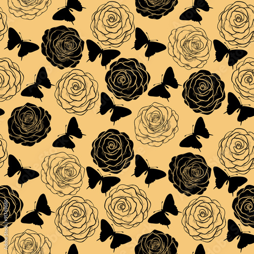  seamless background with monochrome butterflies and roses