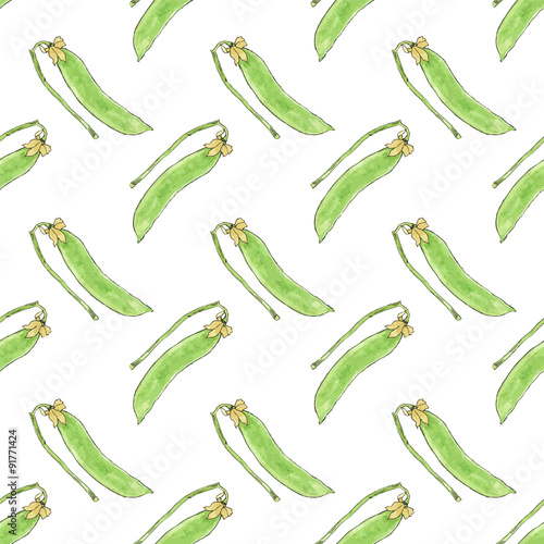 Green pea. Seamless pattern with vegetables. Hand-drawn