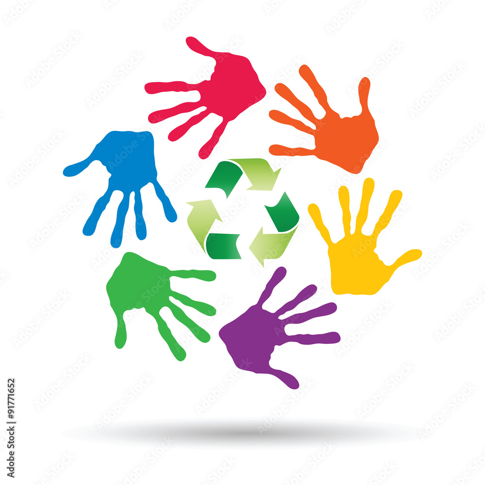 Fototapeta premium Vector concept circle of hands, green recycle symbol