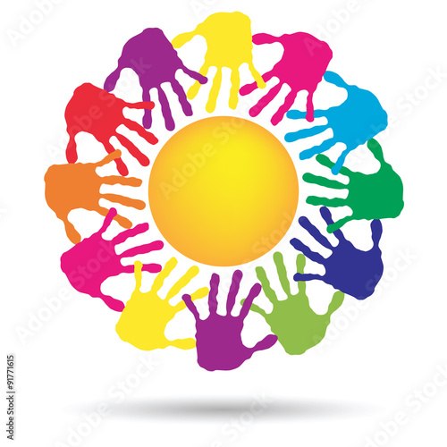 Vector concept circle of hands, yellow sun symbol