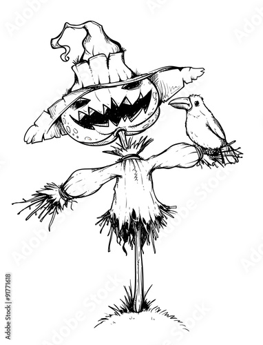 Scarecrow with a pumpkin for a head. Black and white