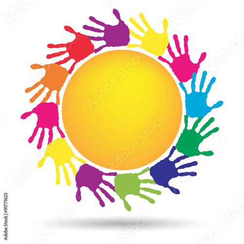 Vector concept circle of hands, yellow sun symbol