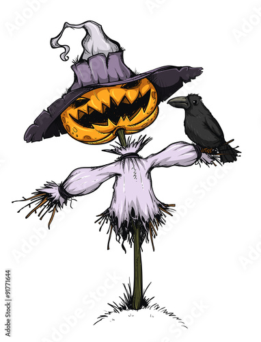 Scarecrow with a pumpkin for a head. Colored and isolated.