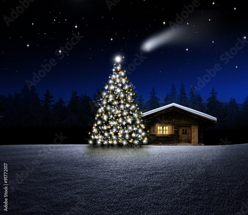Weihnachtsbaum mit Schihütte bei Nacht