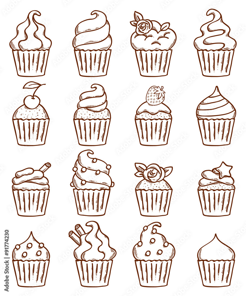 Sketch doodle style cupcakes set. Sketch doodle style cupcakes set.
