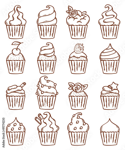 Sketch doodle style cupcakes set.