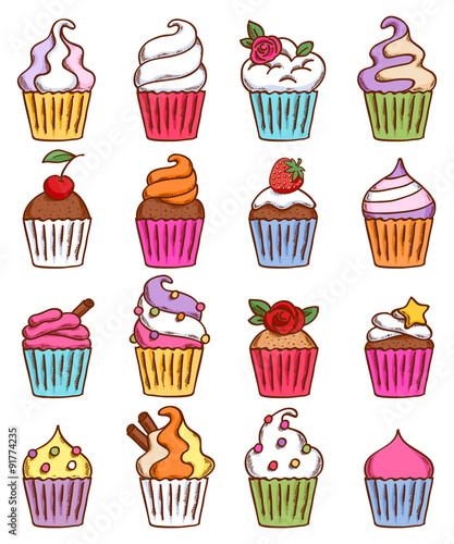 Colorful sketch doodle style cupcakes set.