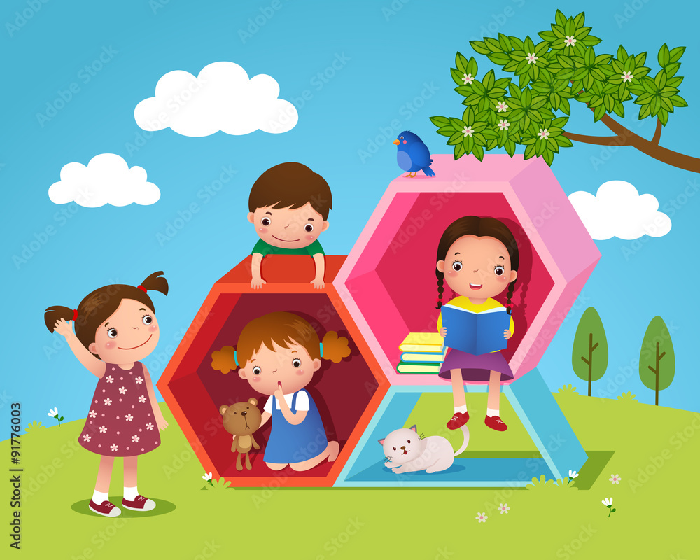 Kids playing and reading with hexagon shaped in the yard Kids playing and reading with hexagon shaped in the yard