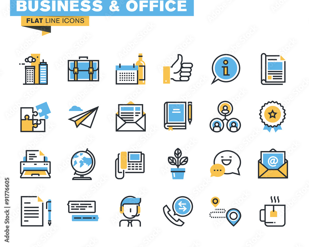 Trendy flat line icon pack for designers and developers. Icons for business, office, company information and services, communication and support, for websites and mobile websites and apps. 
