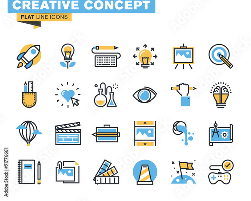 Trendy flat line icon pack for designers and developers. Icons for creative process, design, art, movie, photography, literature, painting, for websites and mobile websites and apps. 