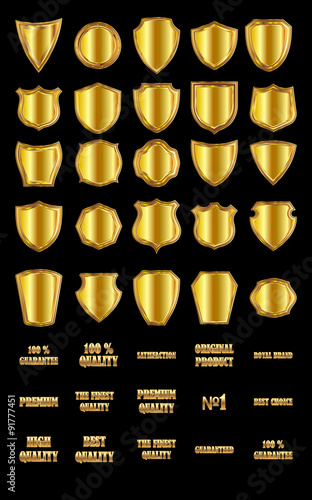Set of vintage design elements-golden shields and gold advertis