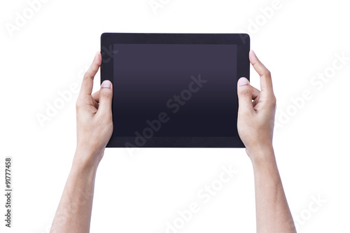 Man hand holding tablet tablet screen showing up overhead person isolate background concept for reality kid using black ipad pro augment ar white website mockup, computer men people meeting plan