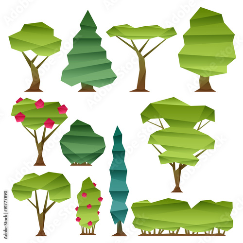 Abstract low poly style trees set.