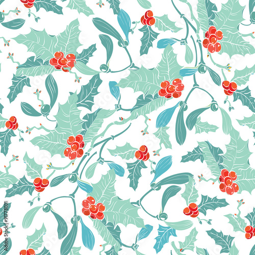 Vector Mistletoe Holly Berries Blue Red Seamless Pattern, Pastel