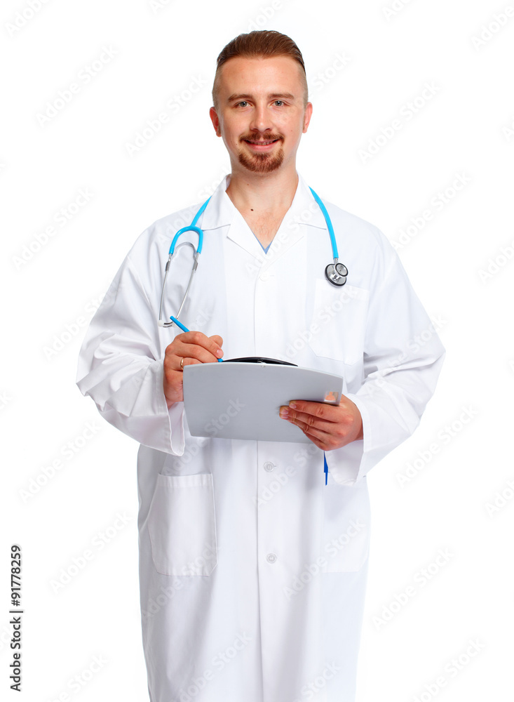 Young medical doctor with clipboard. Young medical doctor with clipboard.
