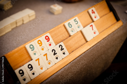 Players tiles on an Okey board in Turkey. photo