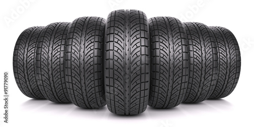 Car tires in row isolated on white background 3d