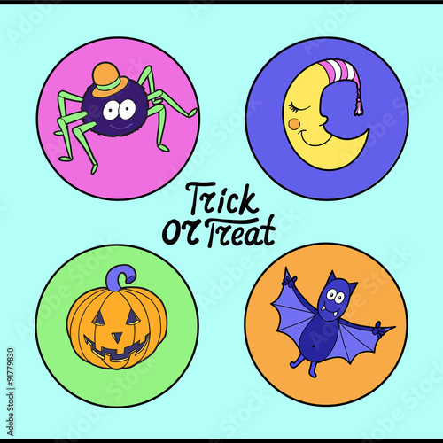 Set of halloween characters: spider in hat, smiling moon, pumpki