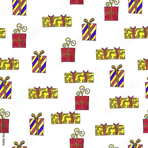 Seamless pattern with cartoon giftboxes isolated on white backgr