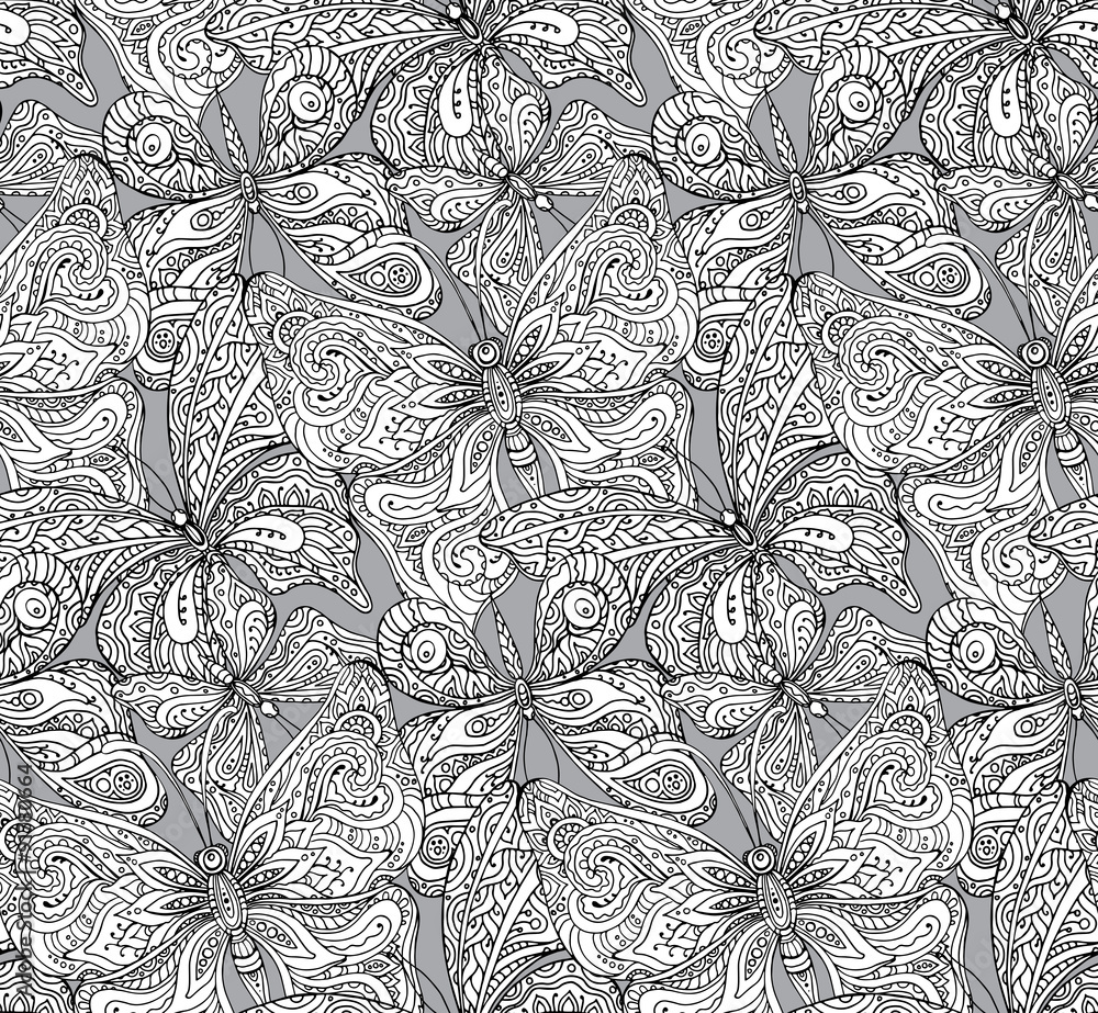 Seamless pattern with hand drawn flying butterflies