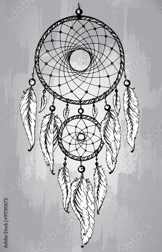 Dream catcher with feathers, in line art style.