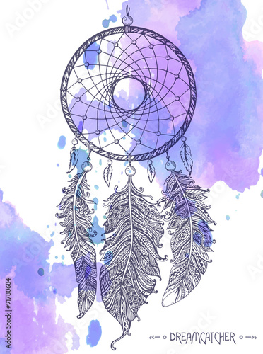 Hand drawn dream catcher with ornamental feathers 