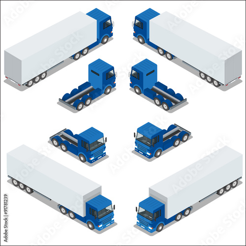 Flat 3d isometric high quality city transport icon set. Vector illustration cargo truck