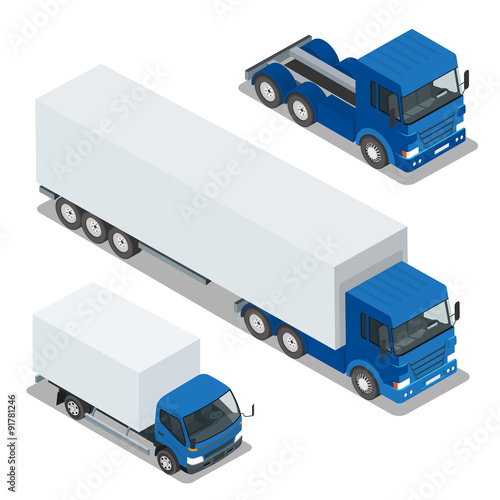 Flat 3d isometric high quality city transport icon set. Vector illustration cargo truck