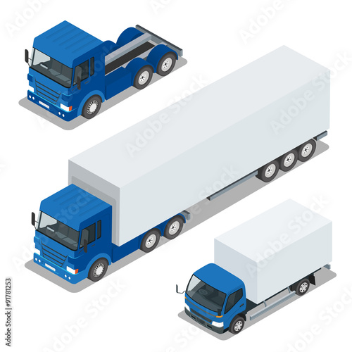 Flat 3d isometric high quality city transport icon set. Vector illustration cargo truck