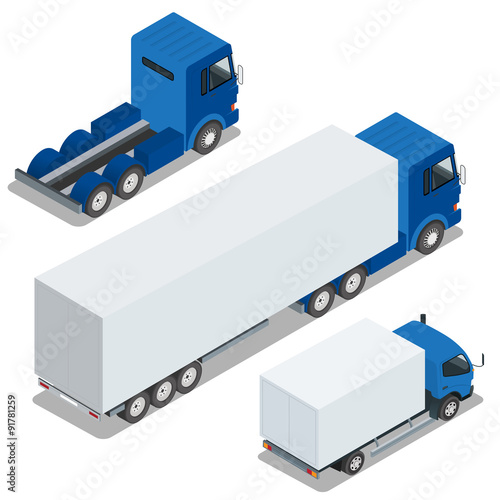 Flat 3d isometric high quality city transport icon set. Vector illustration cargo truck