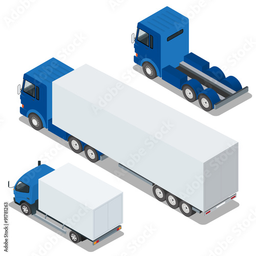 Flat 3d isometric high quality city transport icon set. Vector illustration cargo truck