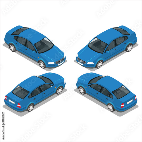 Flat 3d isometric high quality city transport icon set. Dark blue car. Sedan automobile.