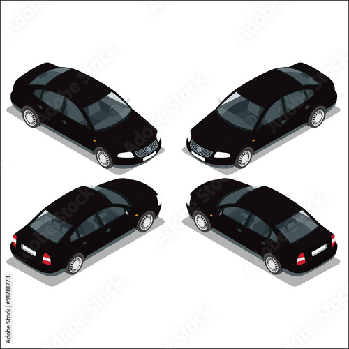 Flat 3d isometric high quality city transport icon set. Black car. Sedan automobile.