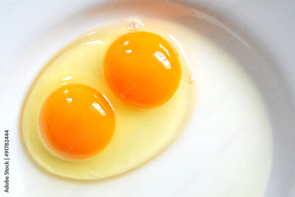Raw two-yolk egg on the plate