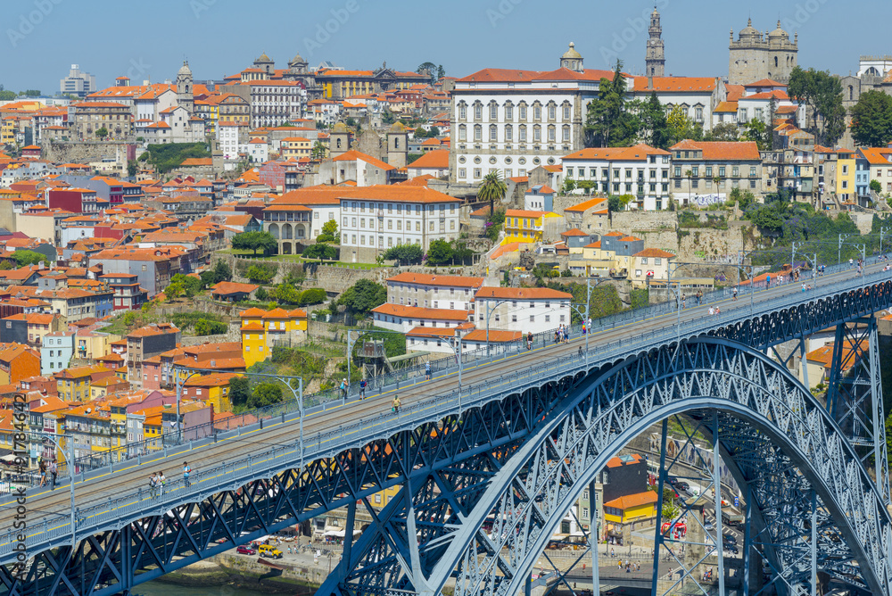 Porto historic city centre with Ponte Luis I Bridge over Douro river from lookout of Mosteiro da Serra do Pilar in Portugal