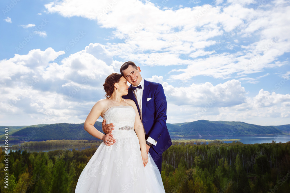 Happy beautiful wedding couple is tenderly huging at top of hill
