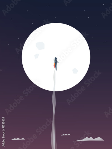 Career boost concept. Businessman flying to space with jetpack