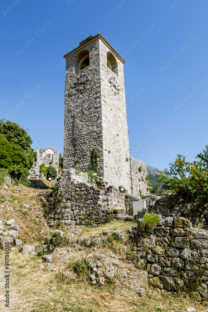 Clock tower in the Fortress in the old town of Bar in Montenegro