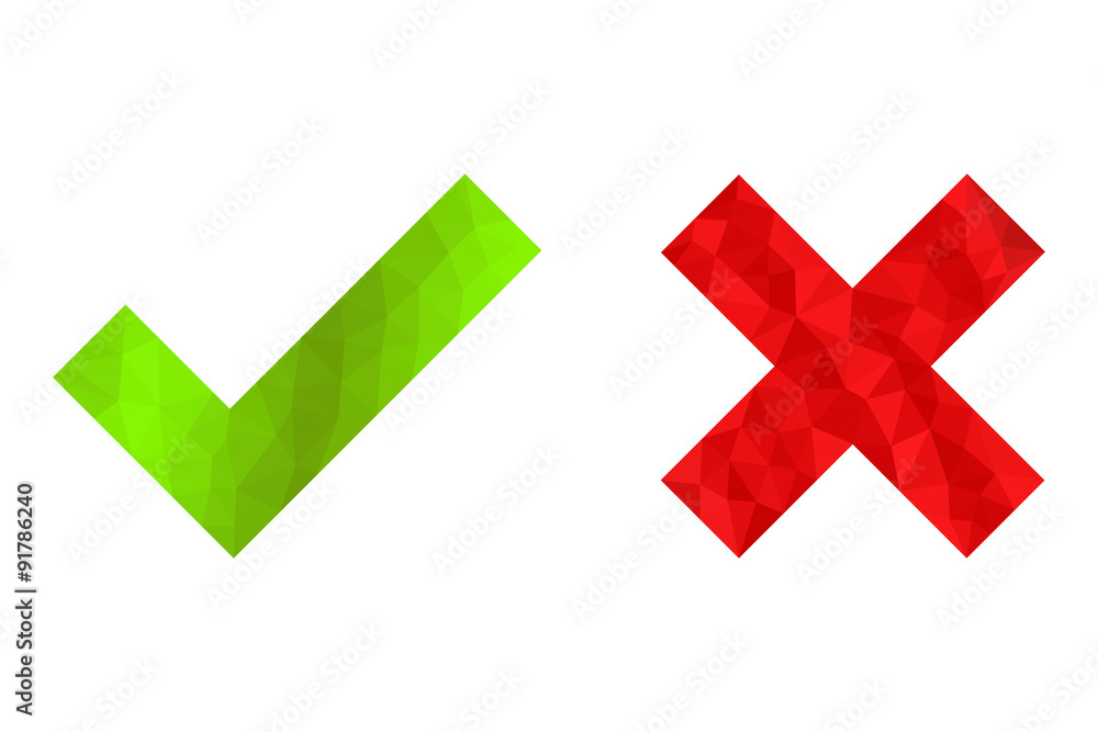 Polygon style green check mark and red cross isolated on white ...