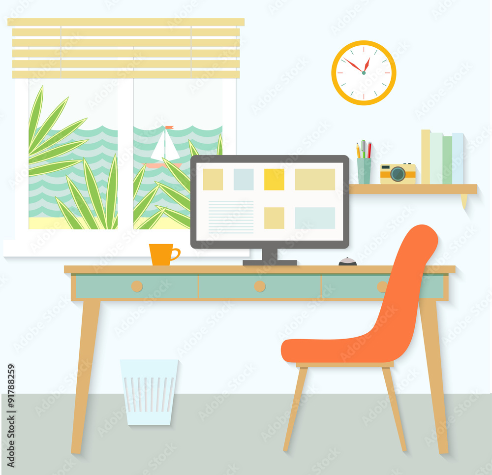 Fototapeta premium flat light workplace. summer window view. vector illustration
