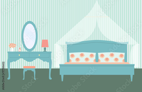 flat vintage bedroom with canopied and woman boudoir with dressing table and chair. vector illustration